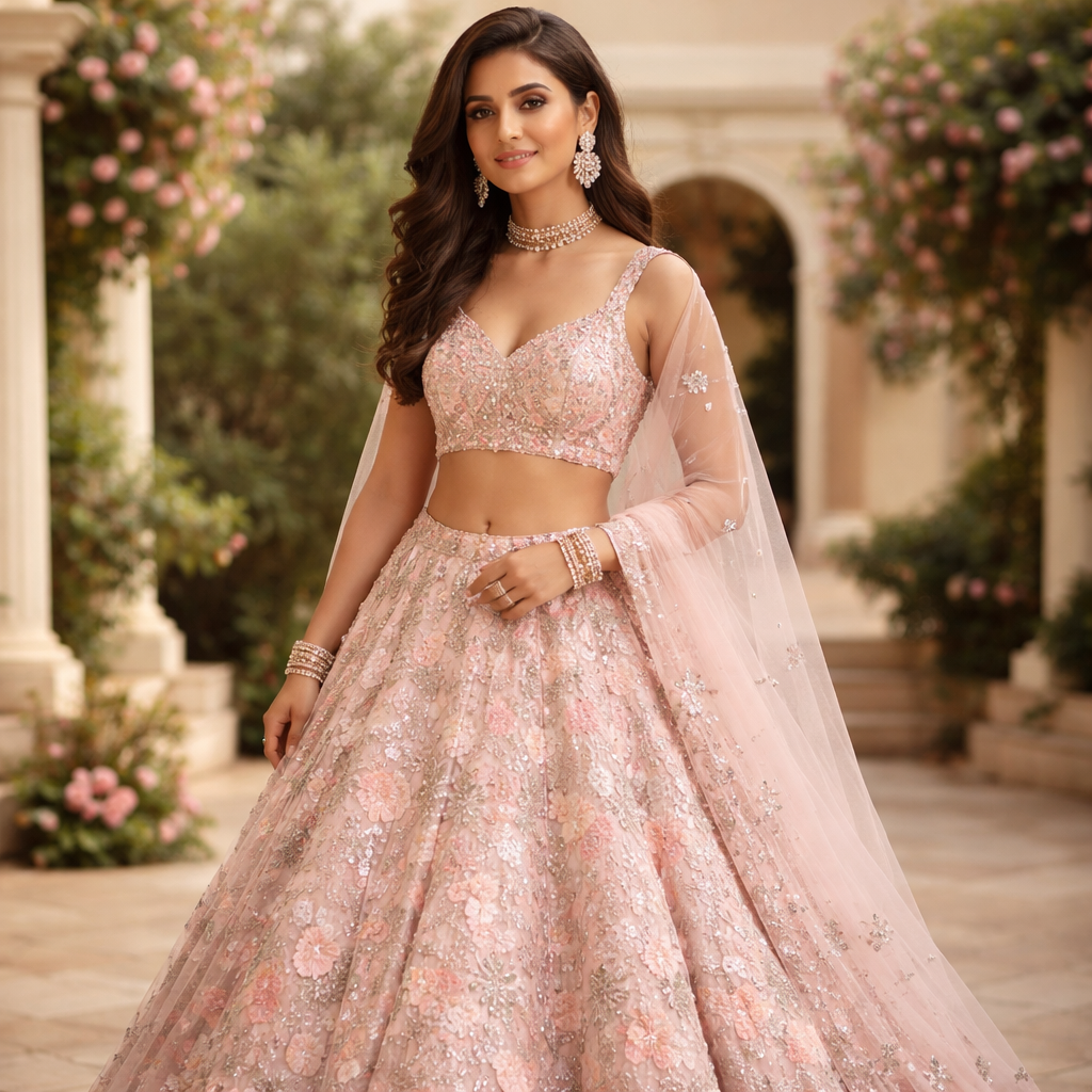 GIRL IN A SKIN COLOURED LEHNGAS